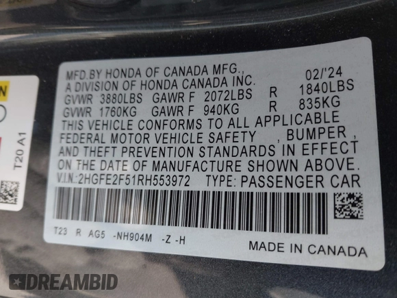 2024 Honda Civic Sport with VIN 2HGFE2F51RH553972, listed as a IAAI auction lot 41630597 with 10,706 mi miles and . Bid and sale history available at DreamBid. Image 9.