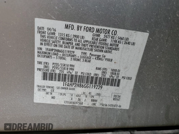 2016 Ford Taurus SEL with VIN 1FAHP2H86GG119229, listed as a Copart auction lot 52066015 with 174,795 mi miles and Non repairable. Bid and sale history available at DreamBid. Image 14.
