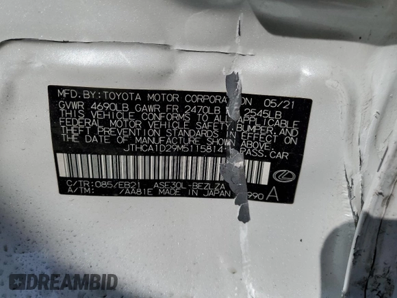 2021 Lexus IS 300 with VIN JTHCA1D29M5115814, listed as a Copart auction lot 49497155 with 40,852 mi miles and Salvage title. Bid and sale history available at DreamBid. Image 12.