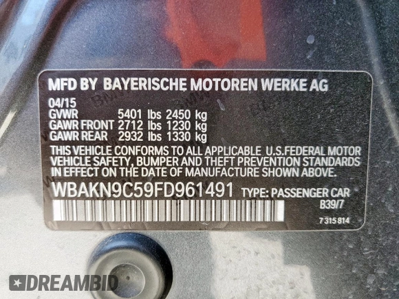 2015 BMW 5 Series 550i with VIN WBAKN9C59FD961491, listed as a Copart auction lot 60208745 with 70,241 mi miles and Salvage title. Bid and sale history available at DreamBid. Image 12.