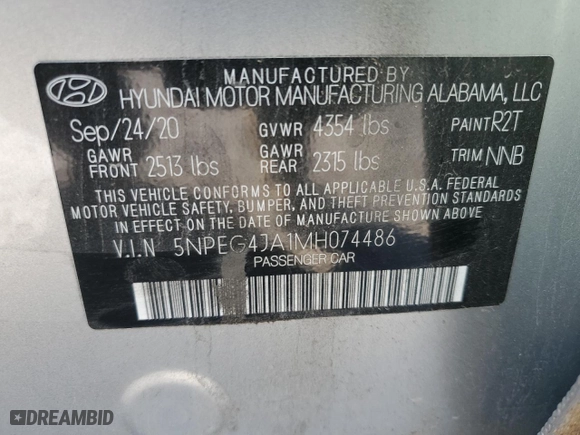 2021 Hyundai Sonata SE with VIN 5NPEG4JA1MH074486, listed as a Copart auction lot 76439804 with 125,735 mi miles and Salvage Title. Bid and sale history available at carsss.com. Image 15.