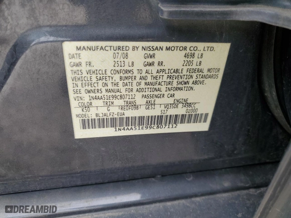 2009 Nissan Maxima 3.5 SV w/Sport Pkg with VIN 1N4AA51E99C807112, listed as a Copart auction lot 50924265 with 229,803 mi miles and Salvage Title. Bid and sale history available at carsss.com. Image 12.