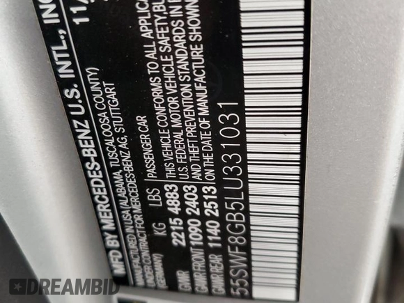 2020 Mercedes-Benz C 63 AMG with VIN 55SWF8GB5LU331031, listed as a Copart auction lot 80317784 with 34,976 mi miles and Salvage title. Bid and sale history available at DreamBid. Image 12.