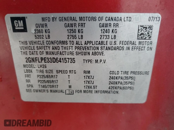 2013 Chevrolet Equinox LT with VIN 2GNFLPE33D6415735, listed as a Copart auction lot 79927424 with 178,001 mi miles and Clean Title. Bid and sale history available at DreamBid. Image 15.