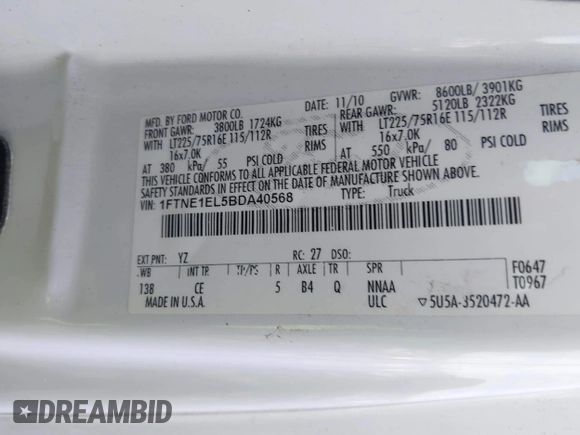 2011 Ford Econoline Cargo Commercial with VIN 1FTNE1EL5BDA40568, listed as a IAAI auction lot 41211154 with 182,527 mi miles and . Bid and sale history available at carsss.com. Image 9.