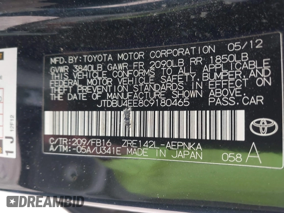 2012 Toyota Corolla L with VIN JTDBU4EE8C9180465, listed as a IAAI auction lot 41861829 with 163,631 mi miles. Bid and sale history available at carsss.com. Image 9.