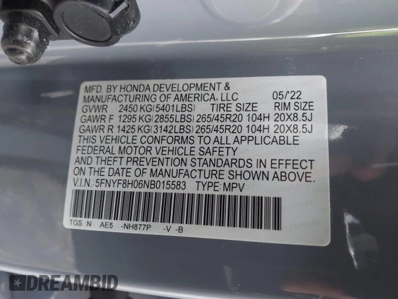 2022 Honda Passport Elite z VIN 5FNYF8H06NB015583, wystawiony jako IAAI lot #41633925 z przebiegiem 49 738 mil mil oraz . Historia ofert i sprzedaży dostępna na DreamBid. Obrazek 9.