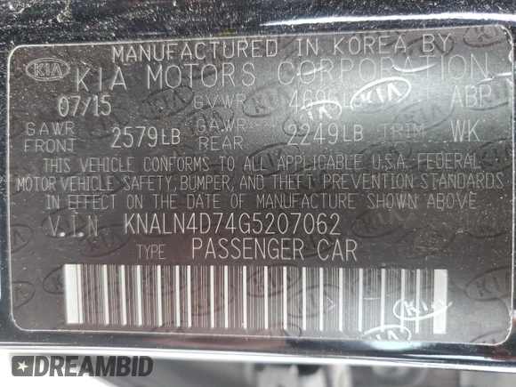 2016 Kia Cadenza Premium with VIN KNALN4D74G5207062, listed as a Copart auction lot 71588154 with 105,234 mi miles and Salvage Title. Bid and sale history available at carsss.com. Image 13.