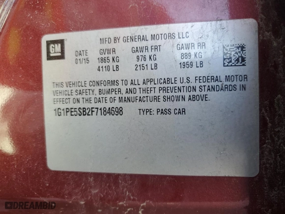 2015 Chevrolet Cruze LT with VIN 1G1PE5SB2F7184698, listed as a Copart auction lot 49101755 with 143,420 mi miles and Salvage Title. Bid and sale history available at carsss.com. Image 14.