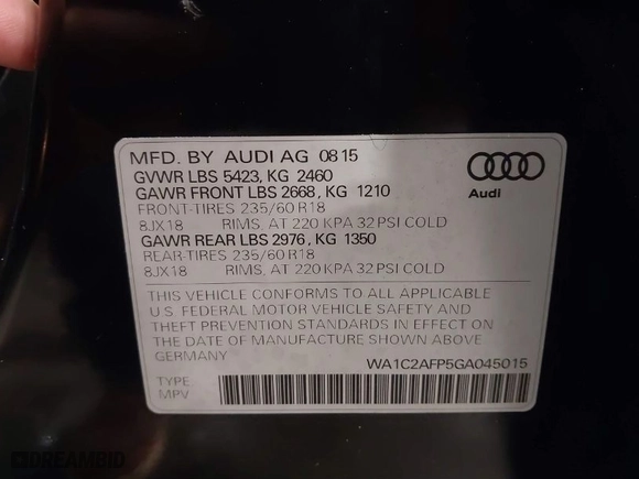 2016 Audi Q5 Premium with VIN WA1C2AFP5GA045015, listed as a IAAI auction lot 41656012 with 95,385 mi miles. Bid and sale history available at carsss.com. Image 9.