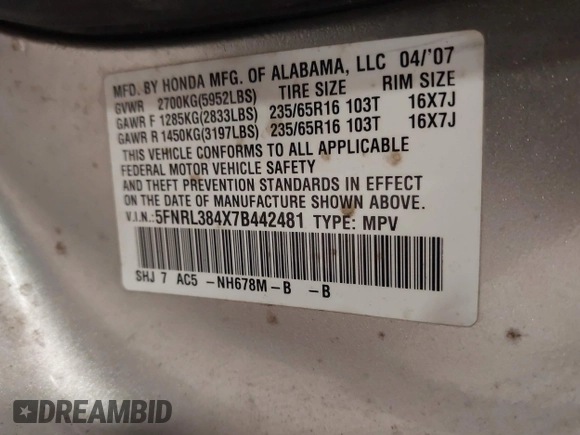 2007 Honda Odyssey EX с VIN 5FNRL384X7B442481, выставлен на аукционе IAAI как лот 41956493 с пробегом 221 997 миль миль и . История ставок и продаж доступна на DreamBid. Изображение 9.