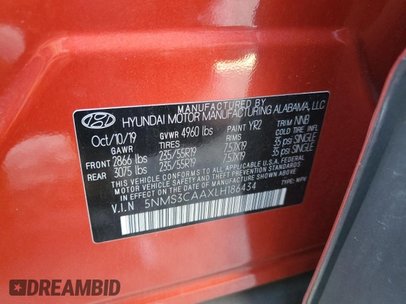 2020 Hyundai Santa Fe SEL with VIN 5NMS3CAAXLH186434, listed as a Copart auction lot 53346755 with 69,664 mi miles and Salvage Title. Bid and sale history available at DreamBid. Image 13.