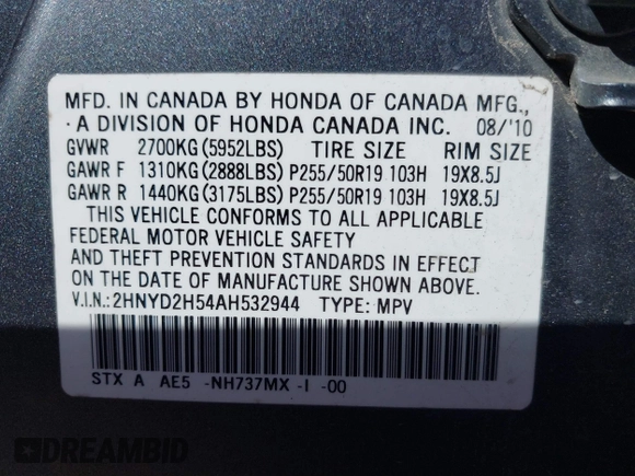 2010 Acura MDX Advance with VIN 2HNYD2H54AH532944, listed as a IAAI auction lot 41677159 with 191,952 mi miles and . Bid and sale history available at DreamBid. Image 9.