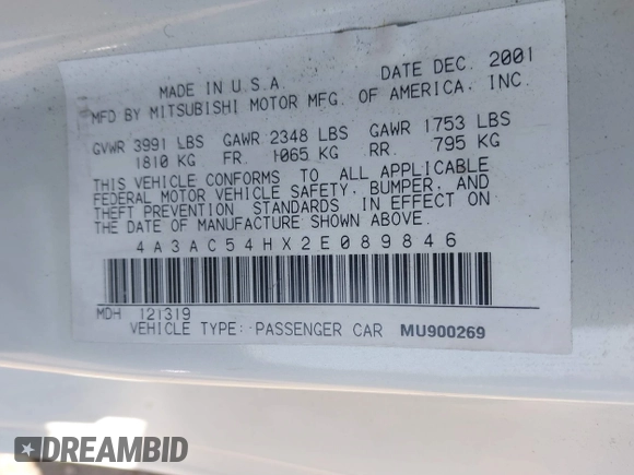 2002 Mitsubishi Eclipse with VIN 4A3AC54HX2E089846, listed as a IAAI auction lot 41871525 with 155,992 mi miles and . Bid and sale history available at DreamBid. Image 9.