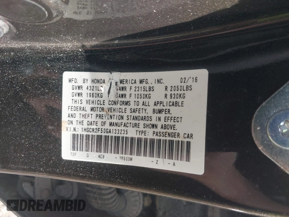 2016 Honda Accord Sport with VIN 1HGCR2F50GA133235, listed as a IAAI auction lot 42384461 with 176,640 mi miles and . Bid and sale history available at DreamBid. Image 9.