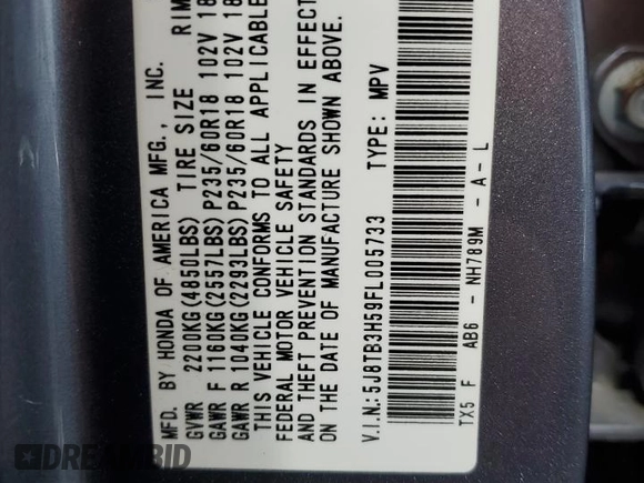 2015 Acura RDX Tech Pkg with VIN 5J8TB3H59FL005733, listed as a Copart auction lot 50652225 with 124,559 mi miles and Salvage Title. Bid and sale history available at carsss.com. Image 16.