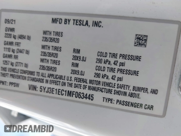 2021 Tesla Model 3 Performance with VIN 5YJ3E1EC1MF063445, listed as a IAAI auction lot 41293243 with 43,143 mi miles and . Bid and sale history available at DreamBid. Image 9.
