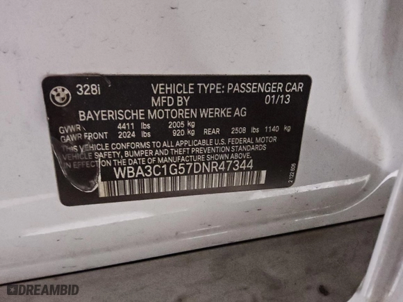 2013 BMW 3 Series 328i with VIN WBA3C1G57DNR47344, listed as a Copart auction lot 46533265 with 100,209 mi miles and Clean Title. Bid and sale history available at carsss.com. Image 12.