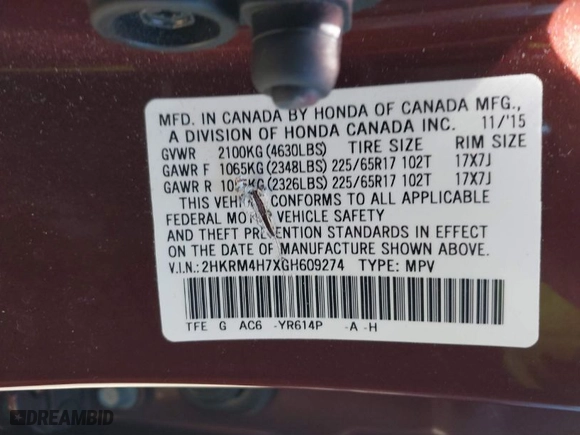 2016 Honda CR-V EX-L with VIN 2HKRM4H7XGH609274, listed as a IAAI auction lot 41896566 with 88,961 mi miles. Bid and sale history available at carsss.com. Image 9.