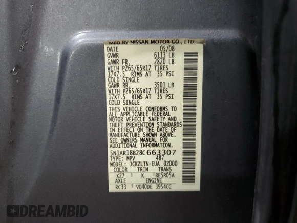 2008 Nissan Pathfinder S z VIN 5N1AR18B28C663307, wystawiony jako Copart lot #52365095 z przebiegiem 119 663 mil mil oraz Szkoda całkowita • Salvage title. Historia ofert i sprzedaży dostępna na DreamBid. Obrazek 13.