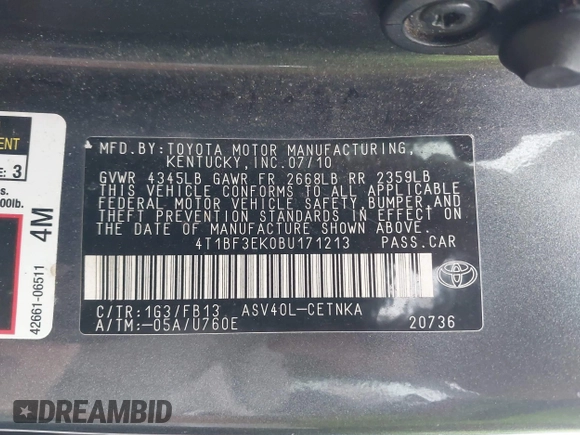 2011 Toyota Camry LE with VIN 4T1BF3EK0BU171213, listed as a IAAI auction lot 42218721 with 188,217 mi miles and . Bid and sale history available at carsss.com. Image 9.