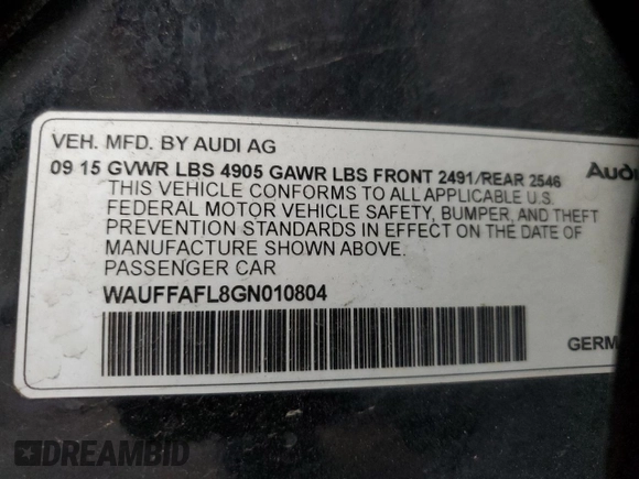 2016 Audi A4 Premium Plus z VIN WAUFFAFL8GN010804, wystawiony jako Copart lot #55500705 z przebiegiem 75 237 mil mil oraz Szkoda całkowita • Salvage title. Historia ofert i sprzedaży dostępna na DreamBid. Obrazek 13.