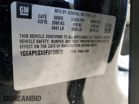 2015 Cadillac CTS RWD with VIN 1G6AP5SX8F0130675, listed as a Copart auction lot 50155755 with 141,817 mi miles and Salvage title. Bid and sale history available at DreamBid. Image 12.