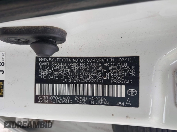 2011 Toyota Prius I with VIN JTDKN3DU4B0320191, listed as a IAAI auction lot 42001220 with 195,180 mi miles. Bid and sale history available at carsss.com. Image 9.