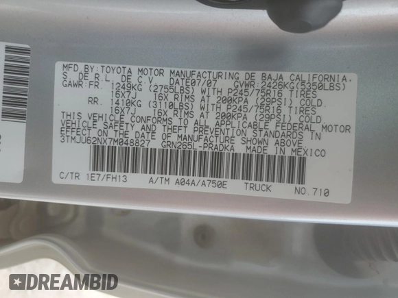 2007 Toyota Tacoma PreRunner z VIN 3TMJU62NX7M048827, wystawiony jako Copart lot #54663895 z przebiegiem 186 921 mil mil oraz Szkoda całkowita • Salvage title. Historia ofert i sprzedaży dostępna na DreamBid. Obrazek 12.