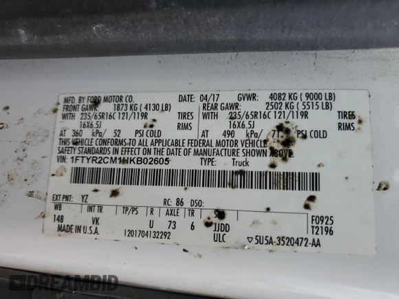 2017 Ford Transit z VIN 1FTYR2CM1HKB02605, wystawiony jako Copart lot #59355545 z przebiegiem Nie podano mil oraz Szkoda całkowita • Salvage title. Historia ofert i sprzedaży dostępna na DreamBid. Obrazek 13.