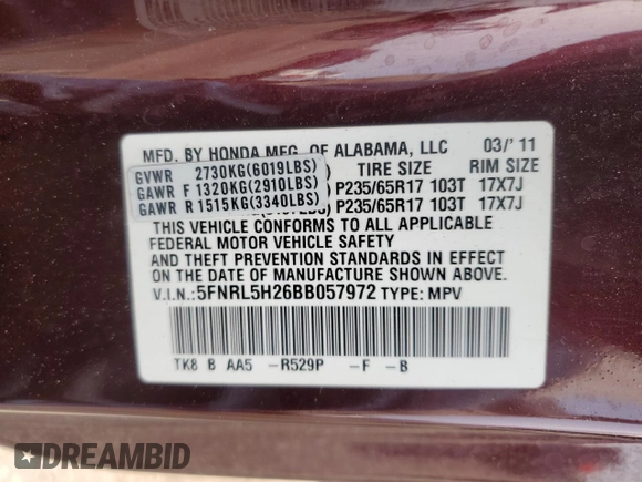 2011 Honda Odyssey LX z VIN 5FNRL5H26BB057972, wystawiony jako Copart lot #59302325 z przebiegiem 280 460 mil mil oraz Czysty tytuł • Clean title. Historia ofert i sprzedaży dostępna na DreamBid. Obrazek 13.