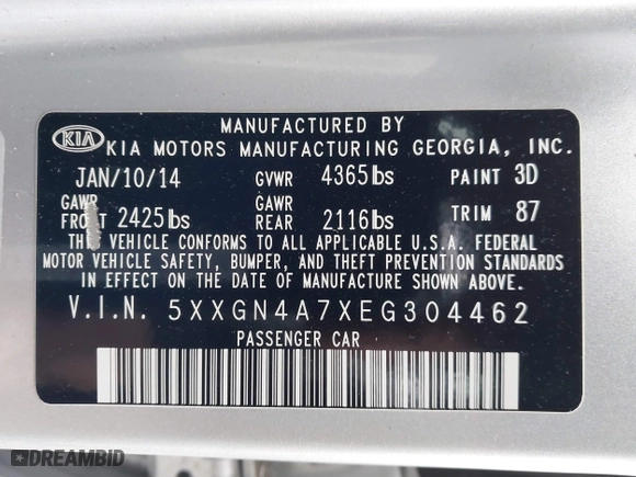 2014 Kia Optima EX with VIN 5XXGN4A7XEG304462, listed as a IAAI auction lot 41577127 with 198,894 mi miles. Bid and sale history available at carsss.com. Image 9.