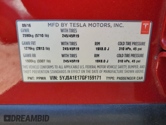 2016 Tesla Model S 70 with VIN 5YJSA1E17GF159171, listed as a Copart auction lot 57258495 with 119,849 mi miles and Salvage title. Bid and sale history available at DreamBid. Image 14.