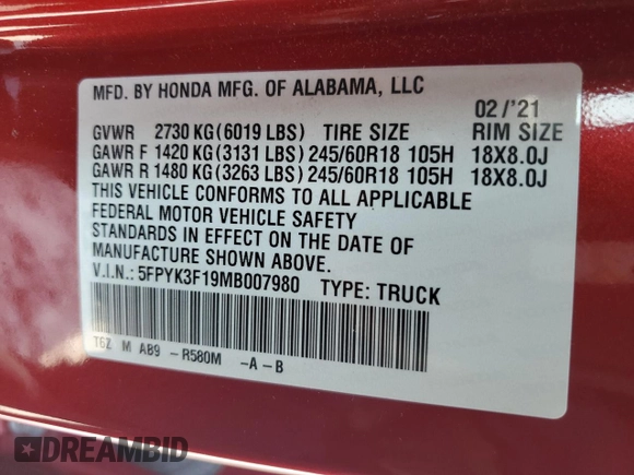 2021 Honda Ridgeline Sport с VIN 5FPYK3F19MB007980, выставлен на аукционе Copart как лот 59079175 с пробегом 68 779 миль миль и Списание • Salvage title. История ставок и продаж доступна на DreamBid. Изображение 12.