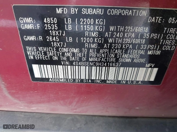 2017 Subaru Outback Limited with VIN 4S4BSENC9H3416637, listed as a IAAI auction lot 41736483 with NaN miles. Bid and sale history available at carsss.com. Image 9.