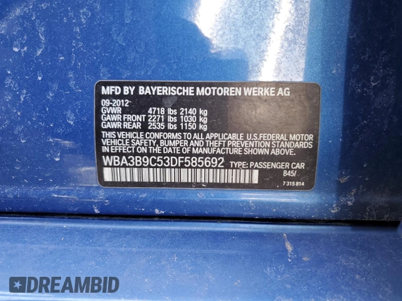 2013 BMW 3 Series 335i xDrive with VIN WBA3B9C53DF585692, listed as a Copart auction lot 46618275 with 165,019 mi miles and Salvage Title. Bid and sale history available at carsss.com. Image 14.