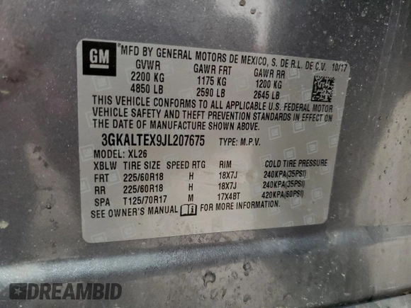 2018 GMC Terrain SLE z VIN 3GKALTEX9JL207675, wystawiony jako Copart lot #50639395 z przebiegiem Nie podano mil oraz Szkody całkowita. Historia ofert i sprzedaży dostępna na DreamBid. Obrazek 14.
