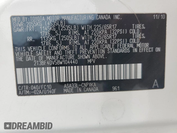 2011 Toyota RAV4 with VIN 2T3BF4DV5BW104440, listed as a Copart auction lot 55026365 with 156,154 mi miles and Clean Title. Bid and sale history available at DreamBid. Image 13.