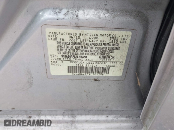 2010 Nissan Sentra S with VIN 3N1AB6AP5AL705798, listed as a IAAI auction lot 41738049 with 110,474 mi miles and . Bid and sale history available at DreamBid. Image 9.