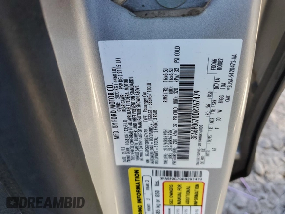 2013 Ford Fusion S with VIN 3FA6P0G70DR267479, listed as a Copart auction lot 50559695 with 170,829 mi miles and Salvage Title. Bid and sale history available at carsss.com. Image 12.