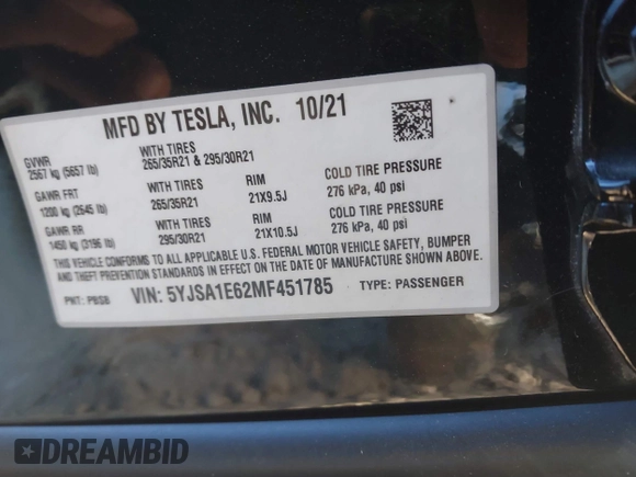 2021 Tesla Model S Plaid with VIN 5YJSA1E62MF451785, listed as a IAAI auction lot 40520806 with 31,084 mi miles. Bid and sale history available at carsss.com. Image 9.