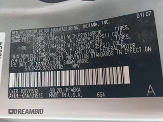2007 Toyota Sienna CE with VIN 5TDZK23C87S020782, listed as a IAAI auction lot 42179031 with 113,570 mi miles and . Bid and sale history available at DreamBid. Image 9.
