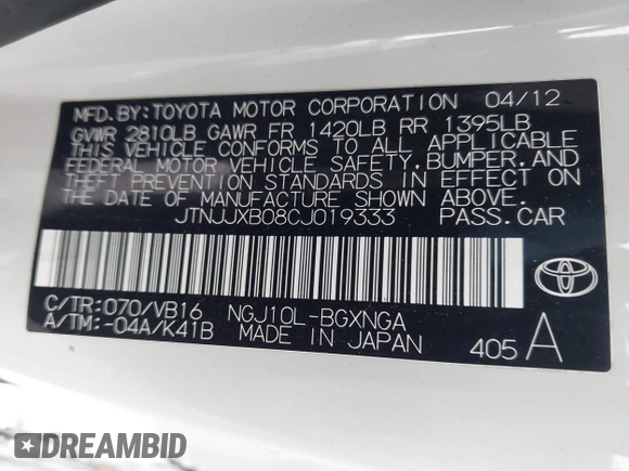 2012 Scion iQ with VIN JTNJJXB08CJ019333, listed as a IAAI auction lot 42348785 with 138,501 mi miles and . Bid and sale history available at DreamBid. Image 9.