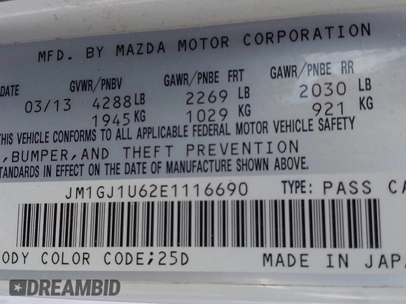 2014 Mazda 6 i Sport with VIN JM1GJ1U62E1116690, listed as a IAAI auction lot 42082188 with 144,137 mi miles and . Bid and sale history available at DreamBid. Image 9.