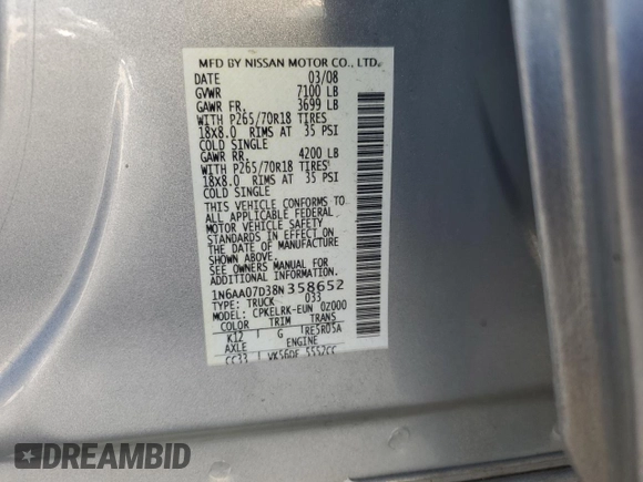 2008 Nissan Titan XE с VIN 1N6AA07D38N358652, выставлен на аукционе Copart как лот 52001585 с пробегом Не указан миль и Списание • Salvage title. История ставок и продаж доступна на DreamBid. Изображение 13.
