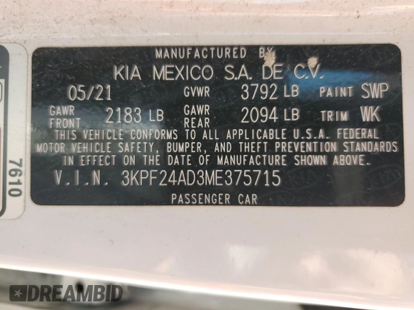 2021 Kia Forte LXS z VIN 3KPF24AD3ME375715, wystawiony jako Copart lot #59301265 z przebiegiem 110 303 mil mil oraz Szkoda całkowita • Salvage title. Historia ofert i sprzedaży dostępna na DreamBid. Obrazek 12.