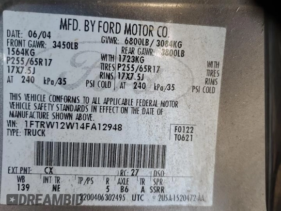 2004 Ford F-150 XLT with VIN 1FTRW12W14FA12948, listed as a Copart auction lot 48560795 with 266,969 mi miles and Salvage Title. Bid and sale history available at carsss.com. Image 12.