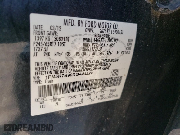 2013 Ford Explorer with VIN 1FM5K7B90DGA24229, listed as a Copart auction lot 68934974 with 138,962 mi miles and Salvage title. Bid and sale history available at DreamBid. Image 13.