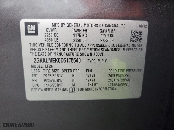 2013 GMC Terrain SLE with VIN 2GKALMEK0D6175640, listed as a Copart auction lot 48977795 with 78,022 mi miles and Salvage Title. Bid and sale history available at carsss.com. Image 13.