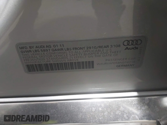 2011 Audi A8 with VIN WAURVAFD5BN014214, listed as a IAAI auction lot 41396044 with 131,764 mi miles and . Bid and sale history available at DreamBid. Image 9.